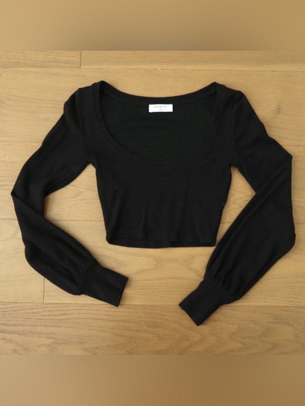 Babaton Black Long-Sleeve Scoop Crop Top - Ribbed Finish